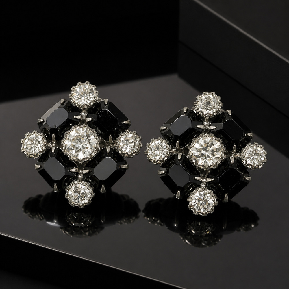 Vintage 1980's Black Clear Rhinestone Cluster Clip Earrings Silver Tone Mogul